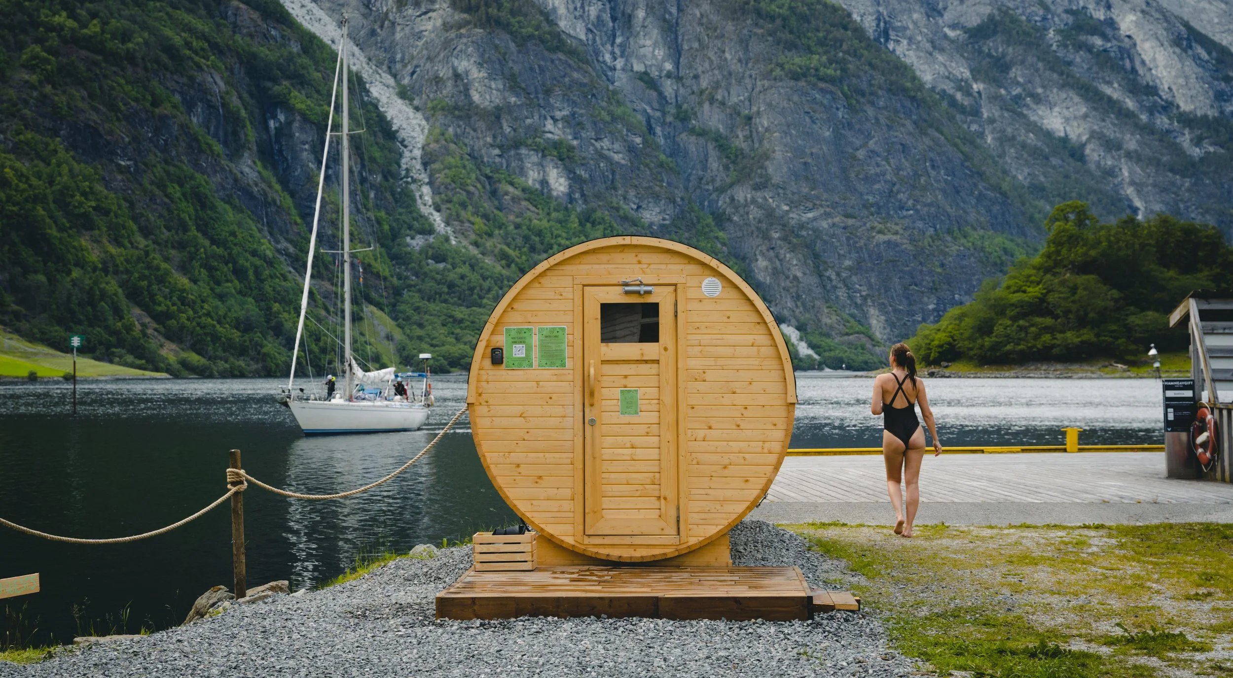 Outdoor sauna cabin in the mountains above Voss with fjord views in the distance